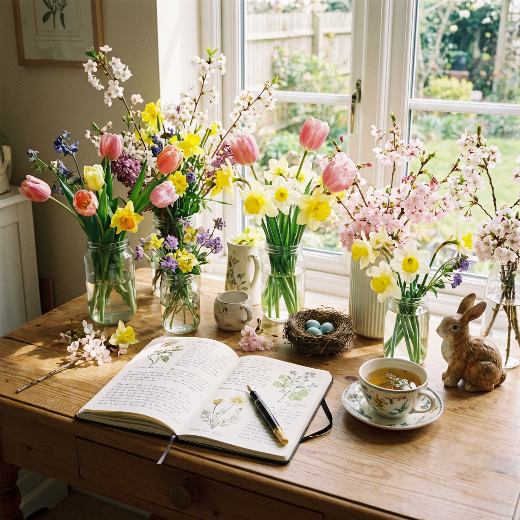 A wooden table with spring flowers in vases, a botanical journal, and tea.