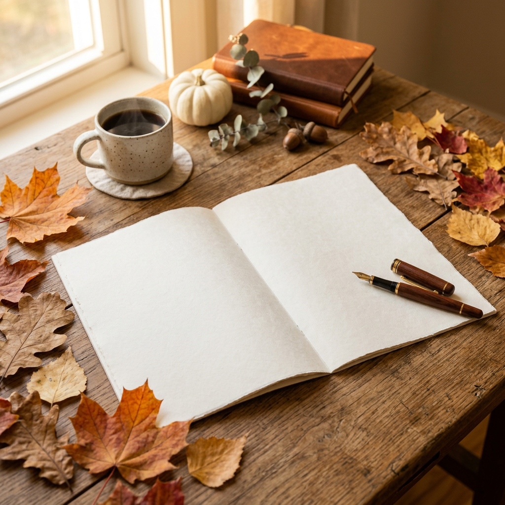 Blank journal with fountain pen, coffee, books, pumpkin, and autumn leaves